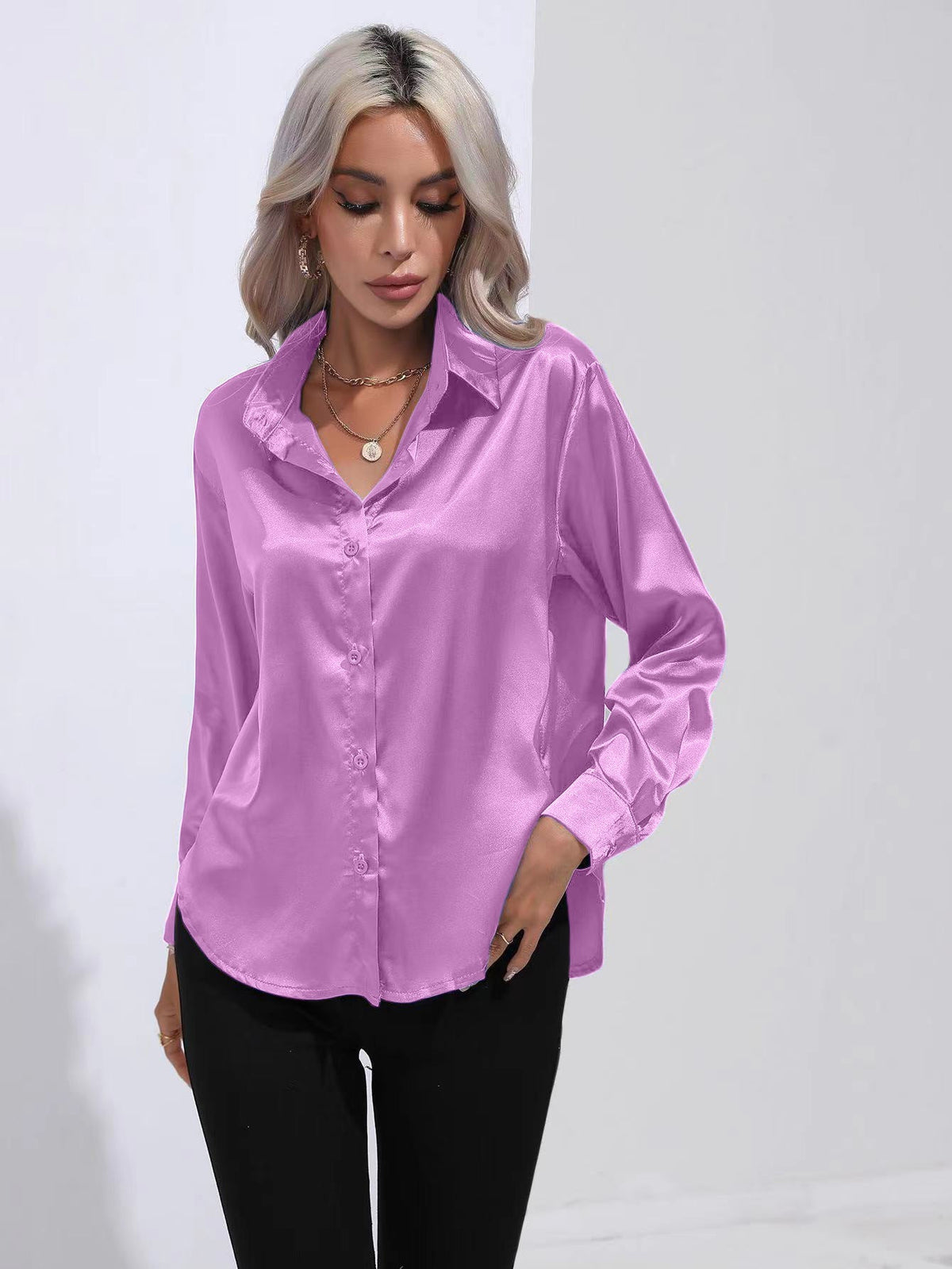 Lapel-collar Satin-satin-faux Silk Long-sleeved Shirt