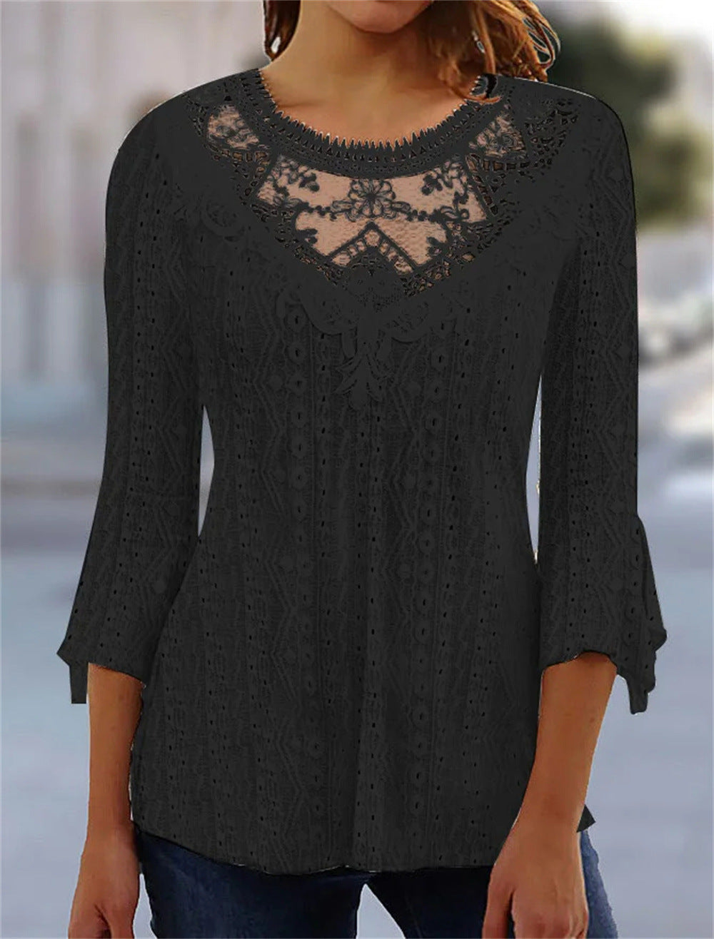 Plain Lace 3/4 Length Sleeve Casual Vintage Fashion Basic Round Neck Blouse