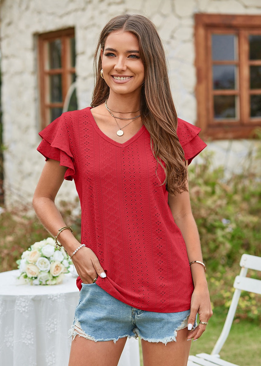 V Neck Short Sleeve Ladies Elegant Casual T-Shirts