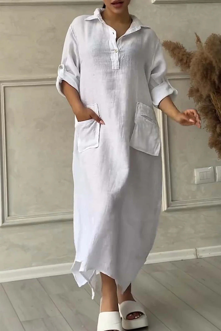 Solid Color Casual Shawl Collar Plain Loose Dress