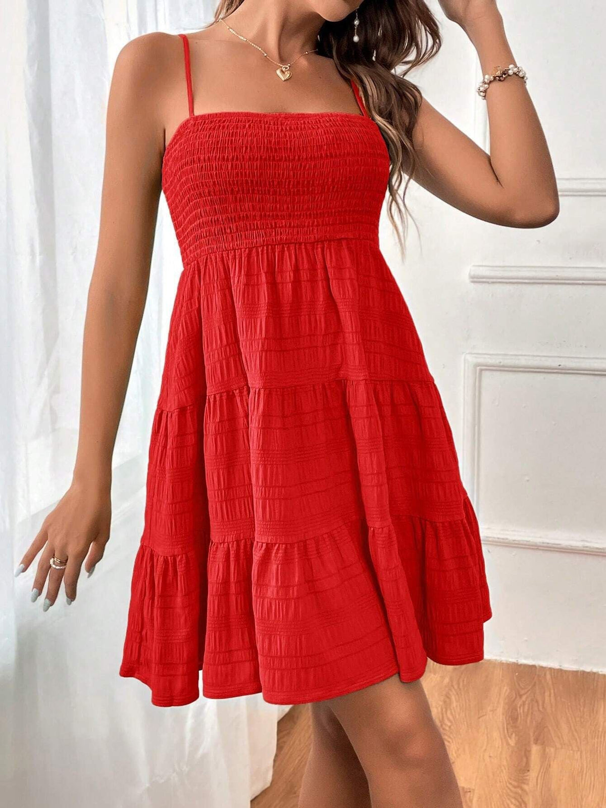 Spaghetti Strap Shirred Dress, Casual Solid Tiered Sleeveless Dress