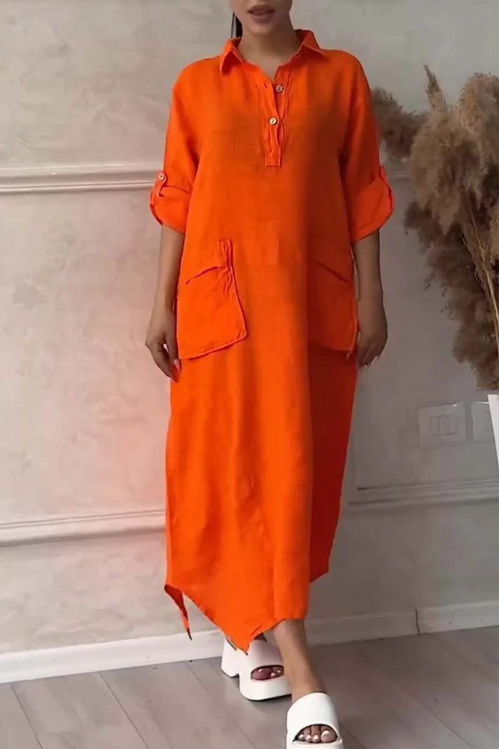 Solid Color Casual Shawl Collar Plain Loose Dress