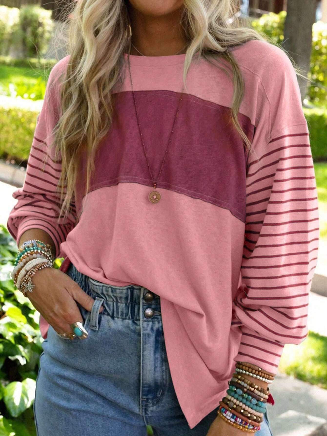 Color Block Crew Neck T-Shirt, Casual Long Sleeve T-Shirt