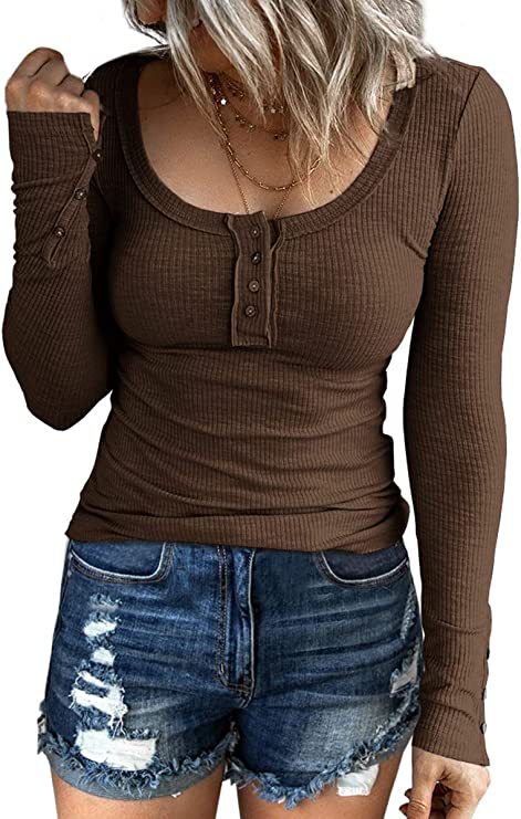Casual Button Scoop Neck T-shirt, Loose Long Sleeve Slim Fit Fashion T-Shirts Tops