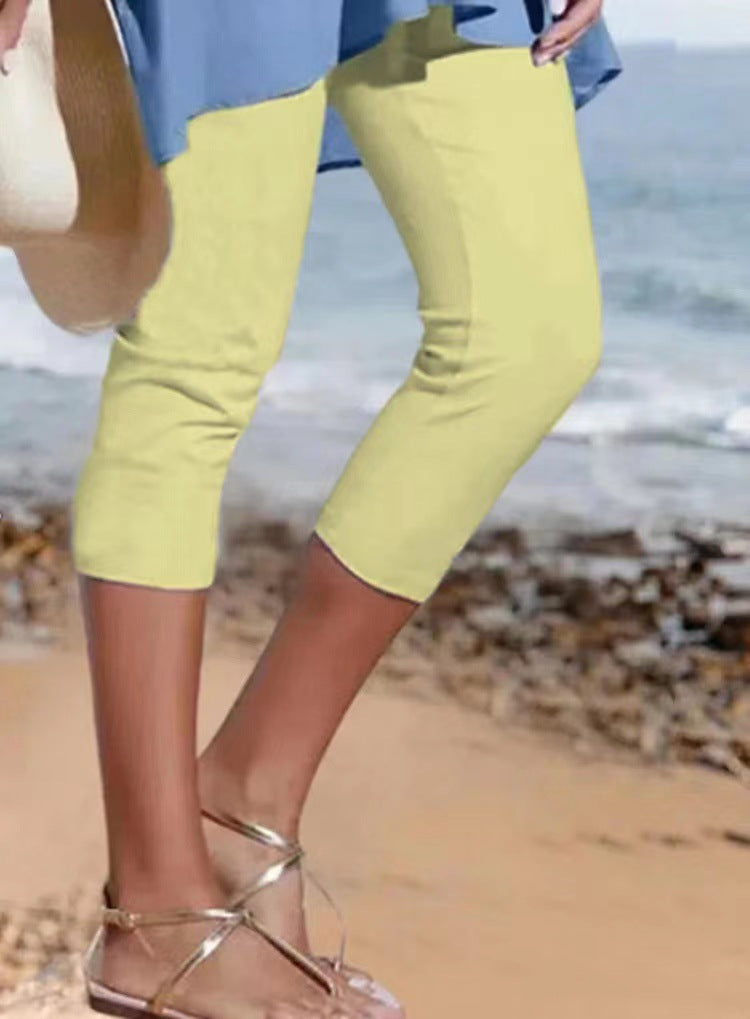 Solid Elastic Waist Medium Stretch Yoga Capri Leggings