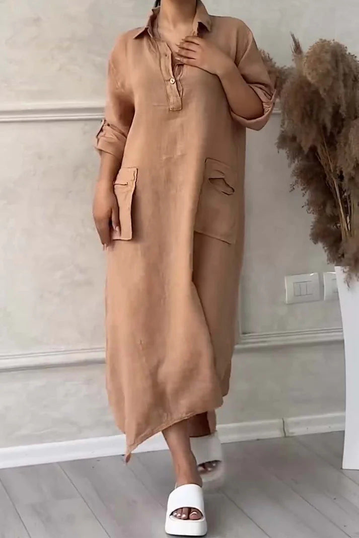 Solid Color Casual Shawl Collar Plain Loose Dress