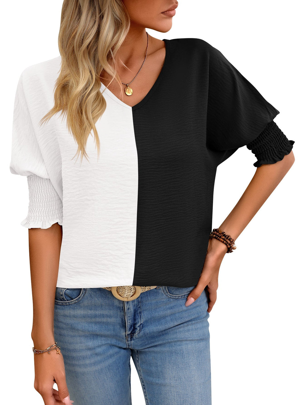 Color Block V Neck T-Shirt, Casual Shirred Lantern Sleeve T-Shirt