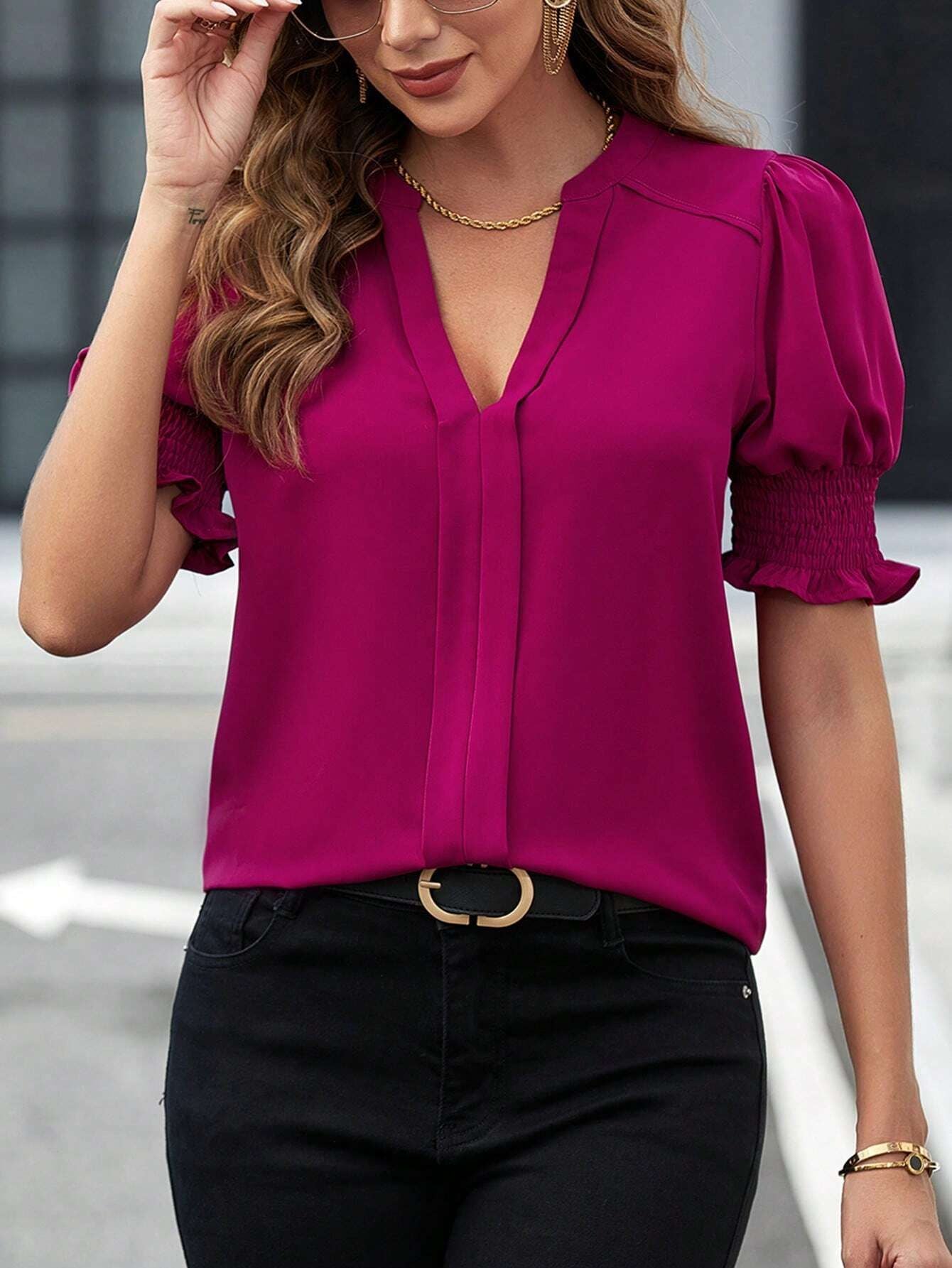 Women's Casual V-Neck Blouse - Loose Fit Solid Color Half Sleeve Fashion Top