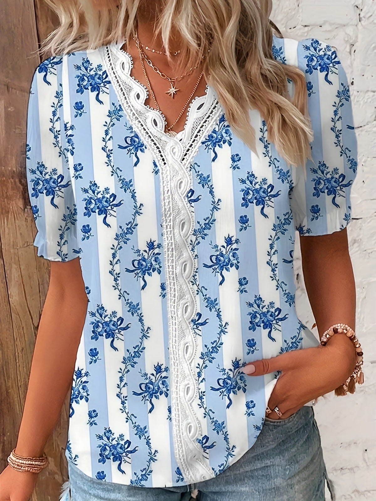 Floral Print Lace Trim Blouse, Vacation Striped V Neck Short Sleeve Blouse
