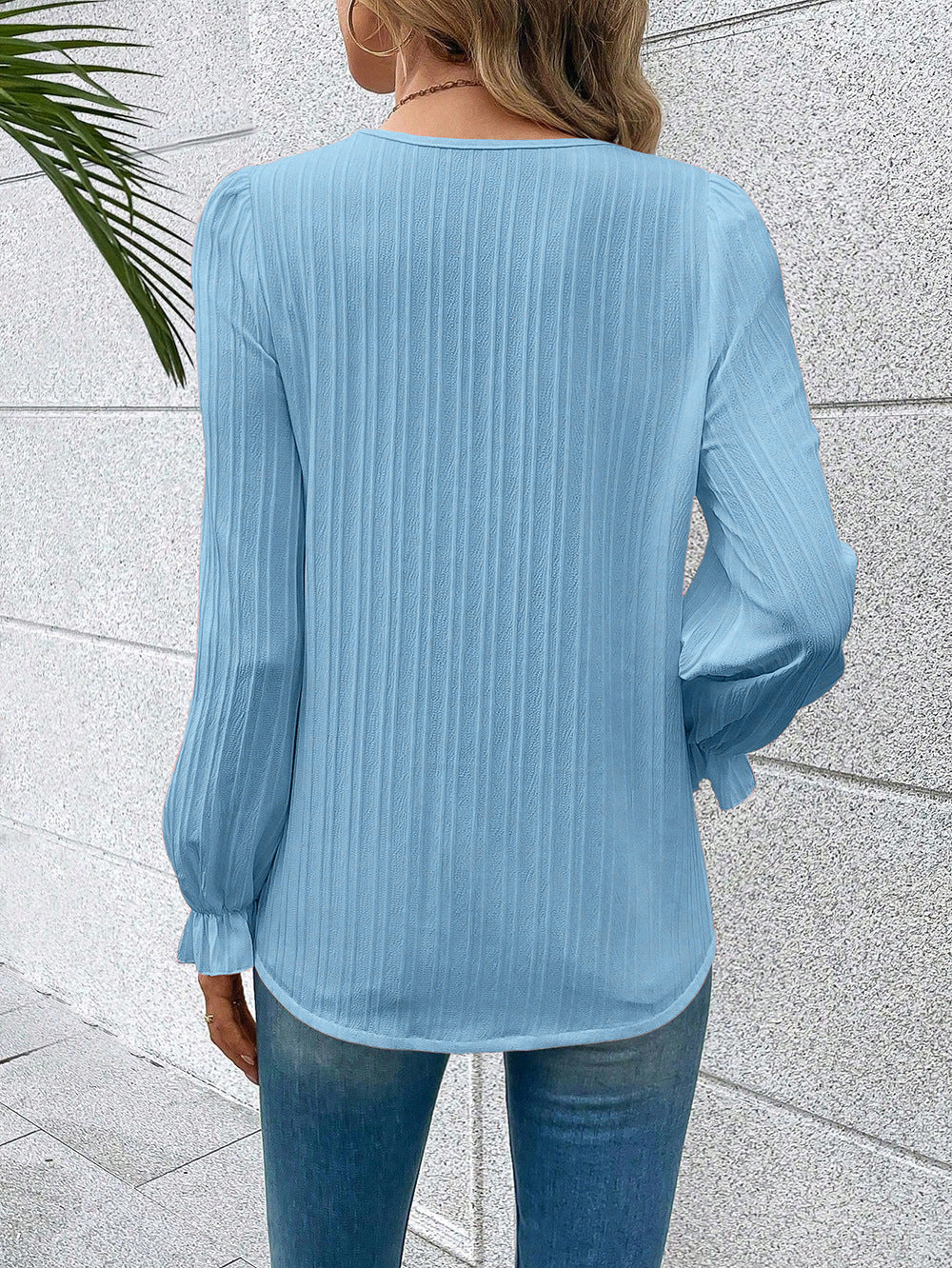 Contrast Lace Solid Blouse, Elegant V Neck Long Sleeve Blouse