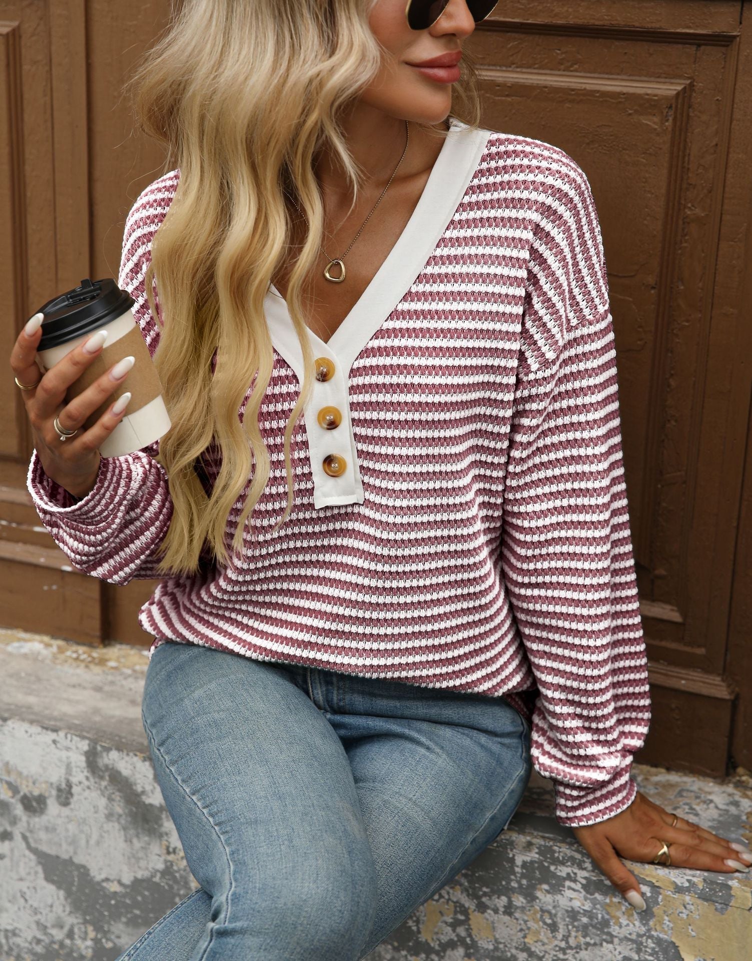 Retro Color Block Slouchy V-Neck Button- Long Sleeve Shirt