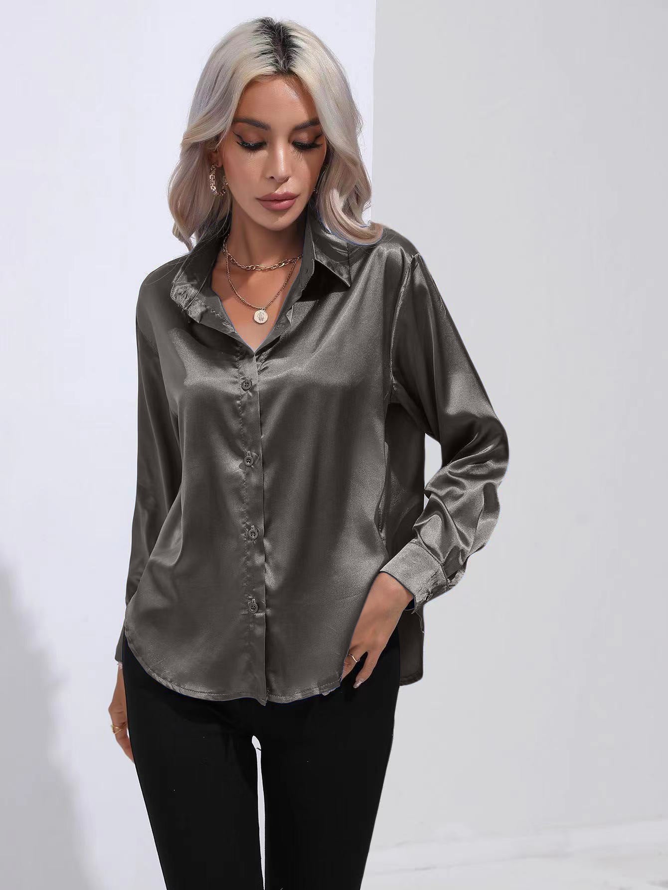 Lapel-collar Satin-satin-faux Silk Long-sleeved Shirt