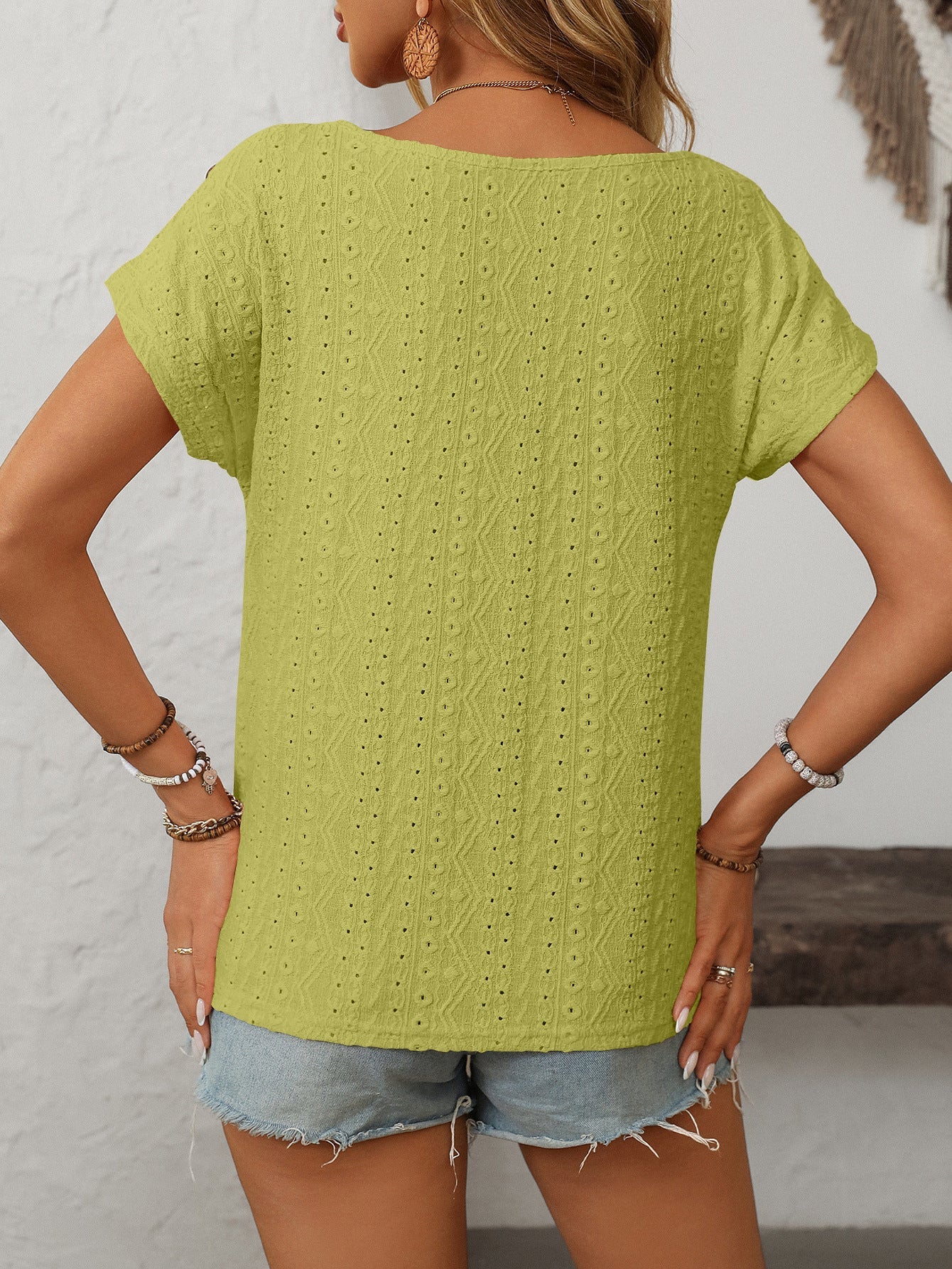 Solid Color Round Neck Shoulder Button Embroidery Hollow Short Sleeved T-shirt