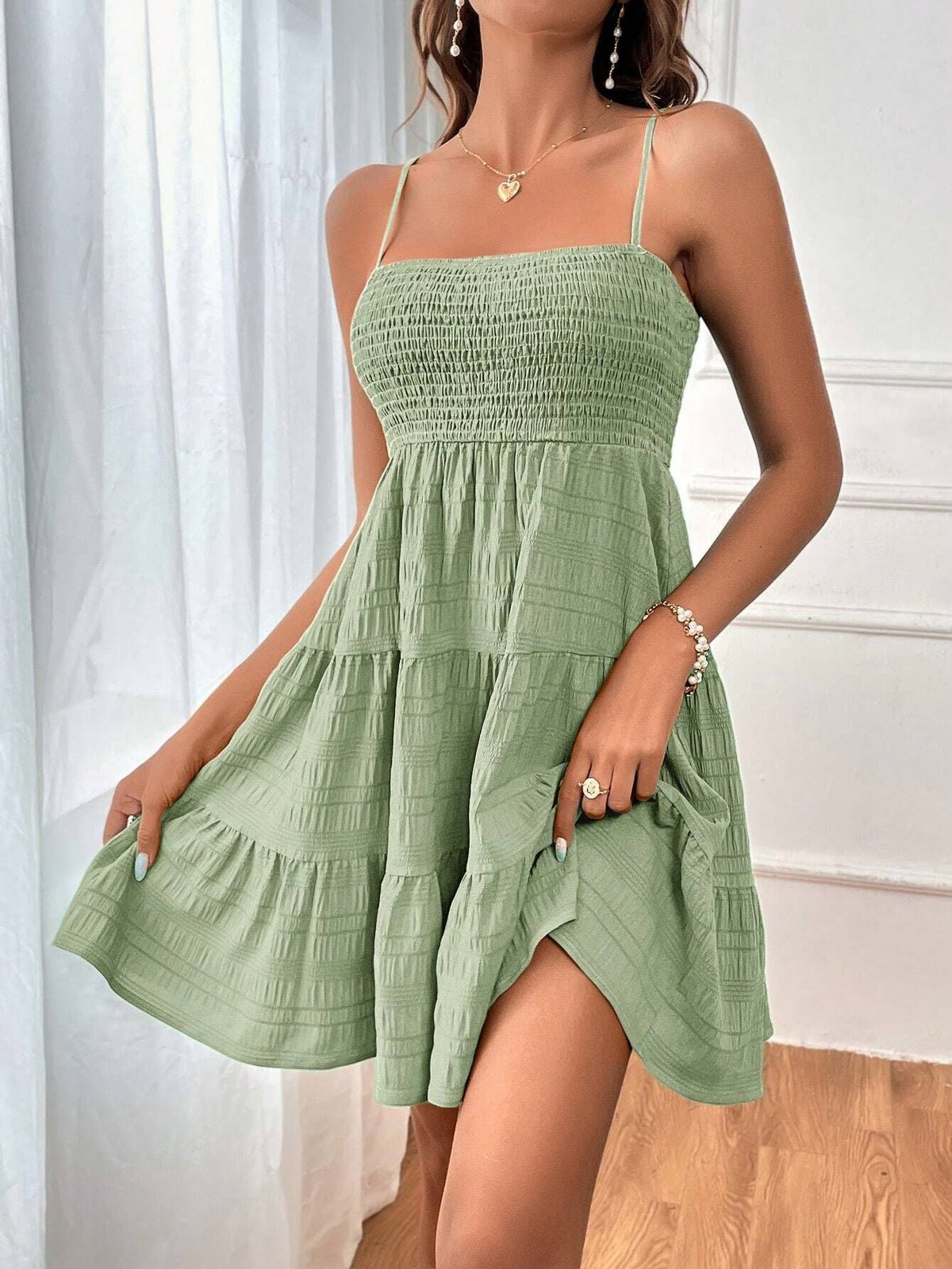 Spaghetti Strap Shirred Dress, Casual Solid Tiered Sleeveless Dress