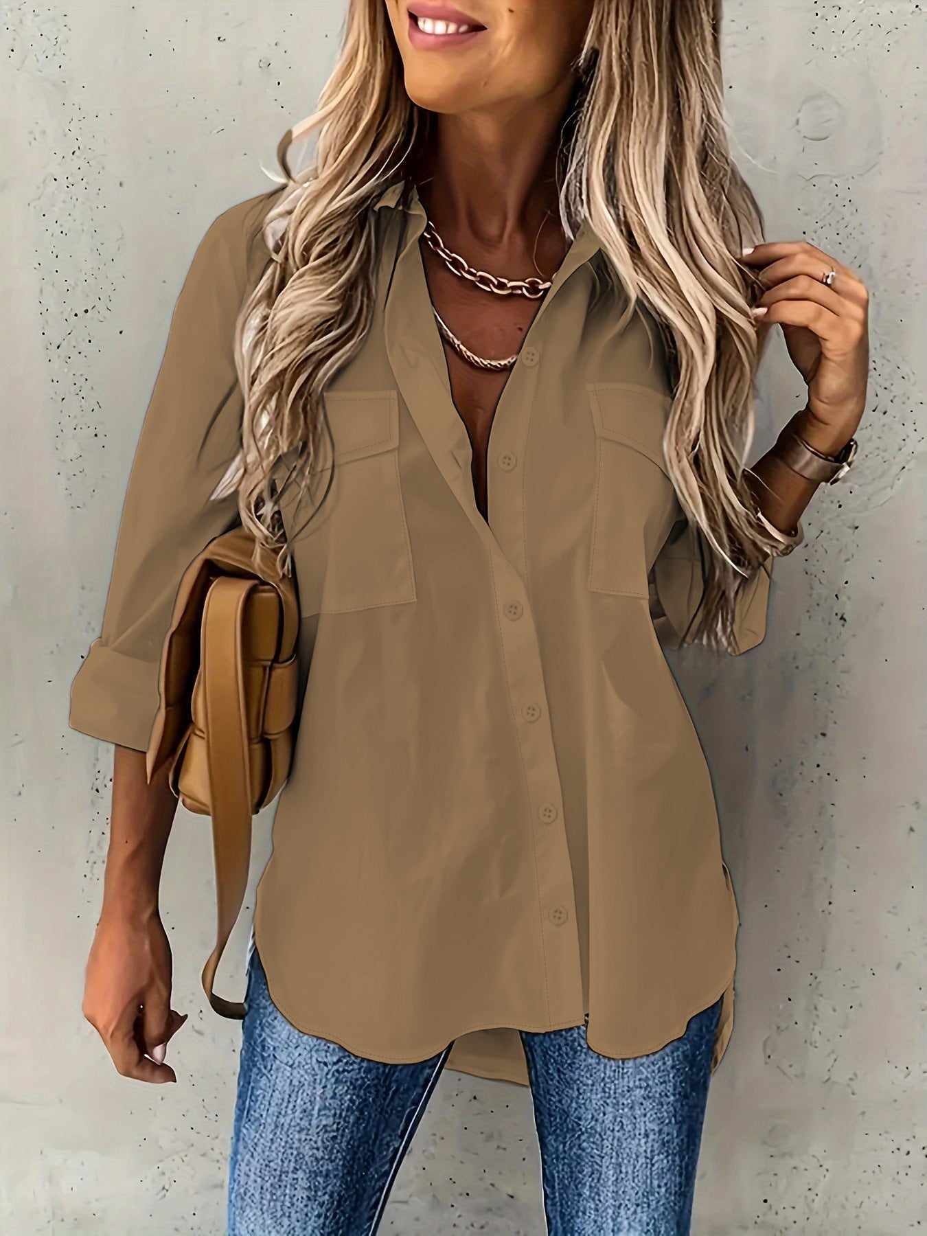Button Front Long Sleeve Shirt, Casual Solid Office Shirt With Collar
