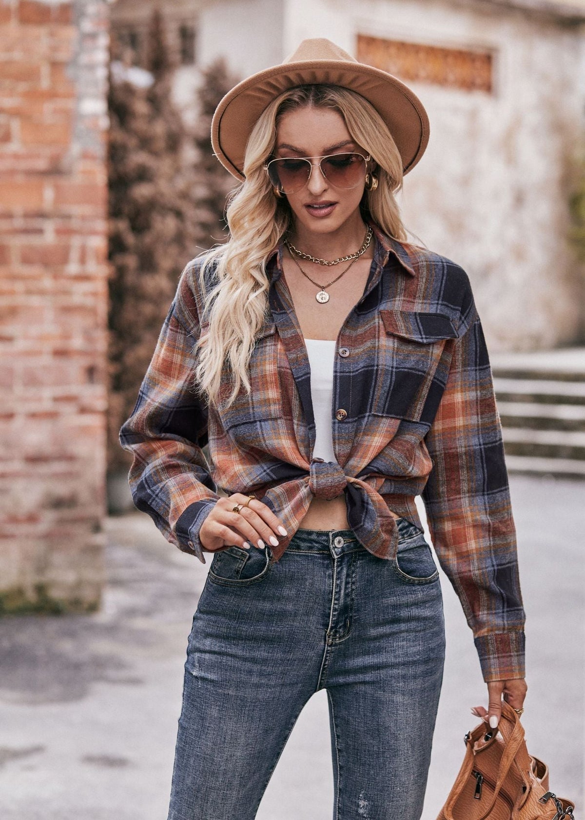 Plaid Print Polo Collar Button Shirt, Casual Long Sleeve Shirt