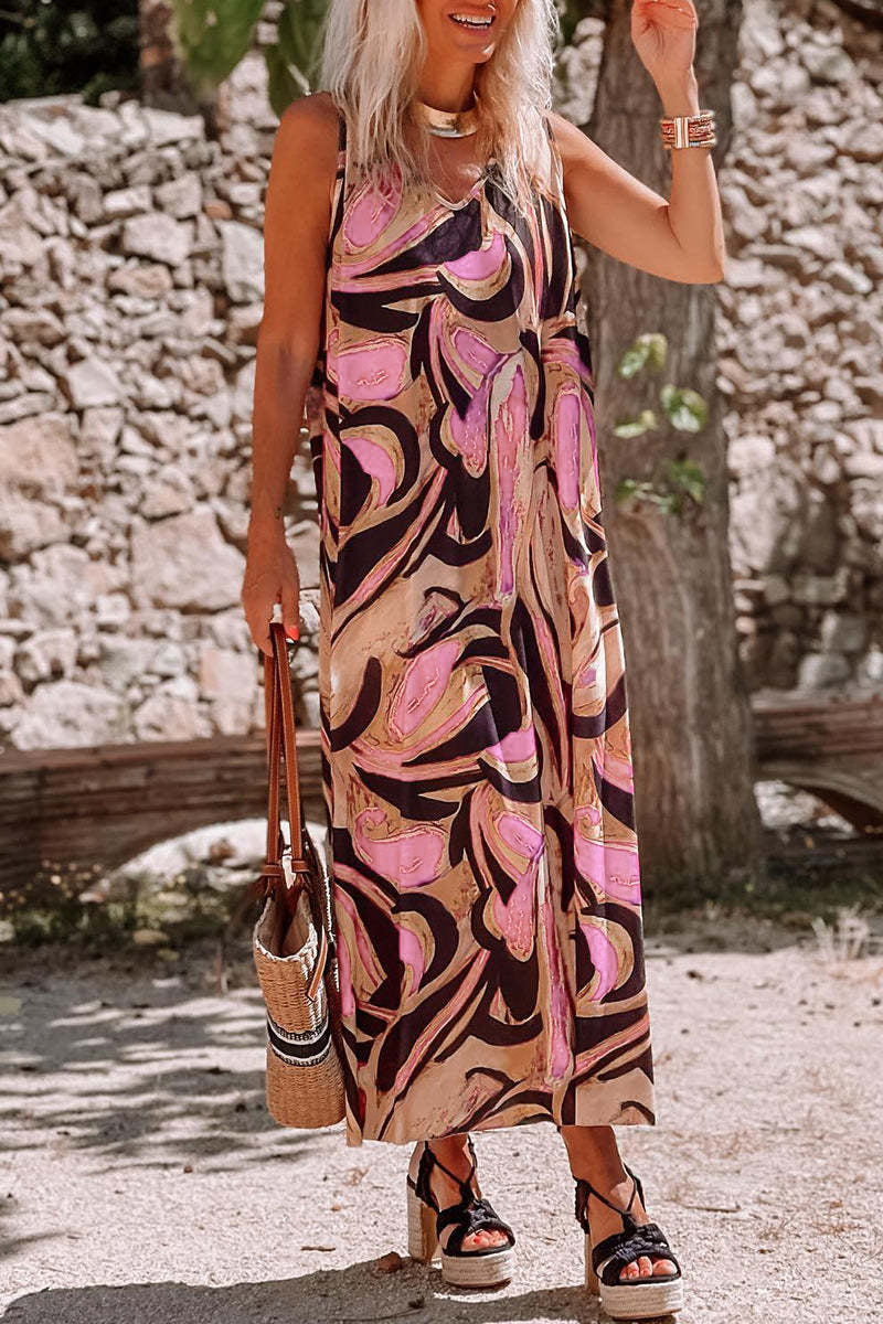 V Neck Print Straight Maxi Dresses