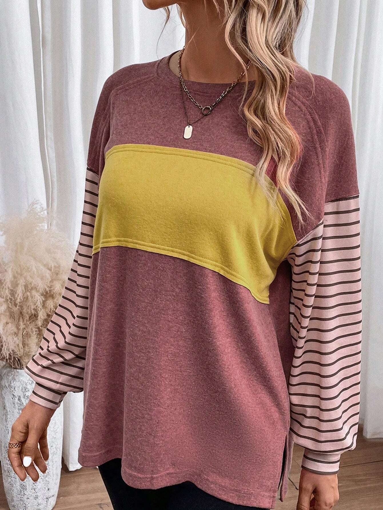 Color Block Crew Neck T-Shirt, Casual Long Sleeve T-Shirt