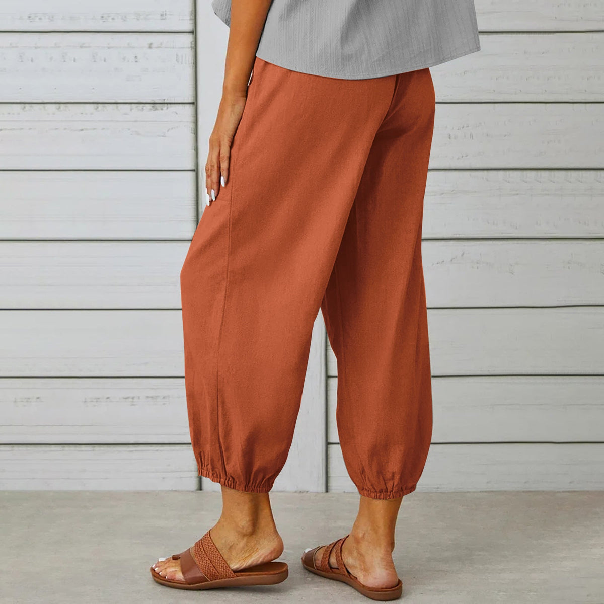 Cotton Linen Pockets Solid Loose Casual Long Trousers