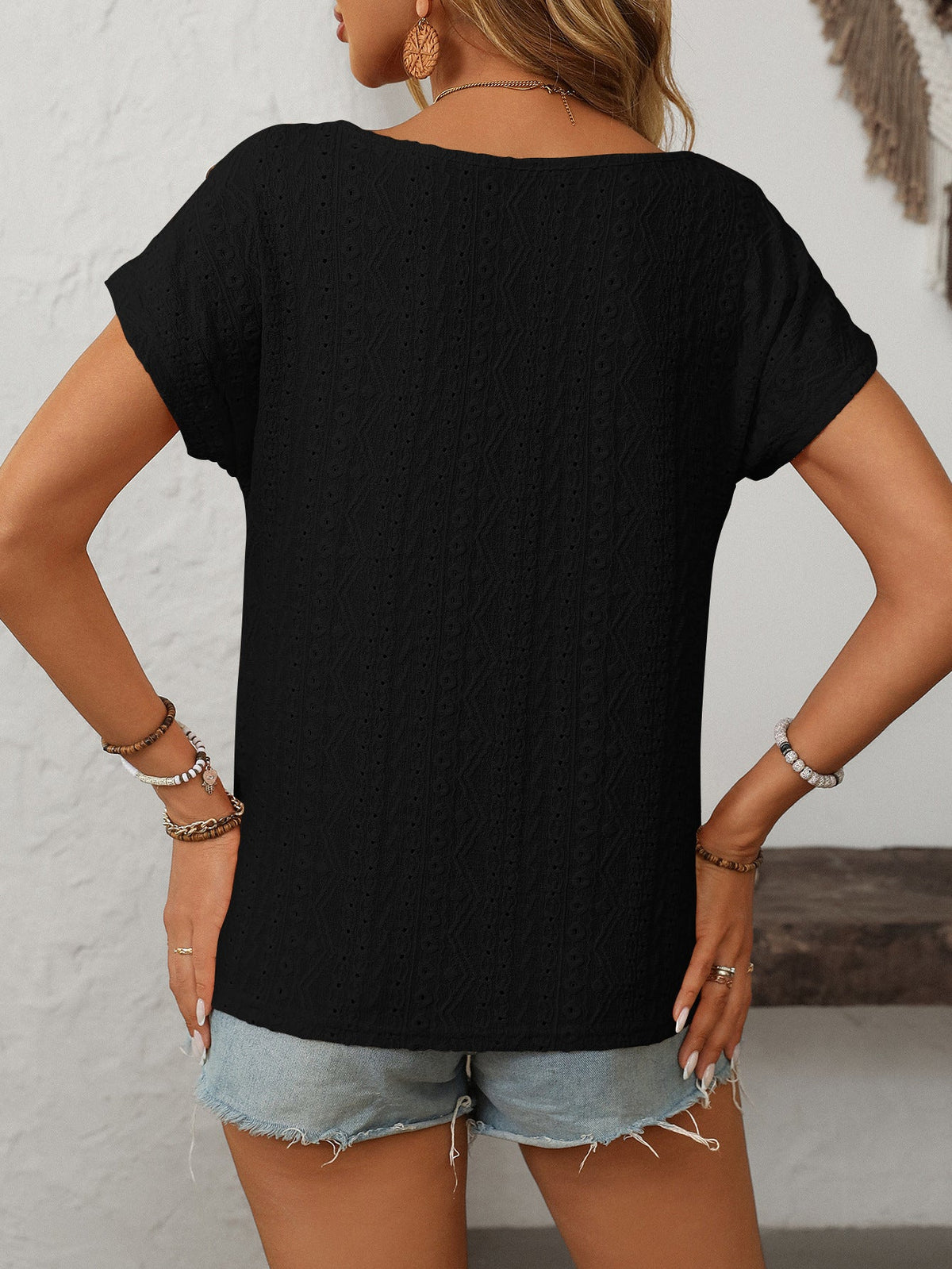 Solid Color Round Neck Shoulder Button Embroidery Hollow Short Sleeved T-shirt