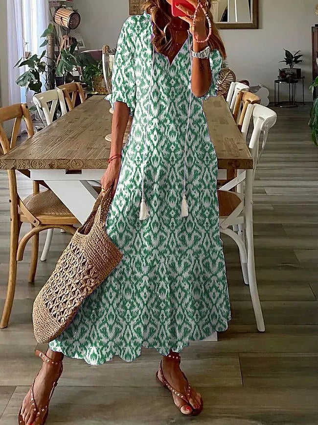 V Neck Half Sleeve Loose Floral Maxi Dress
