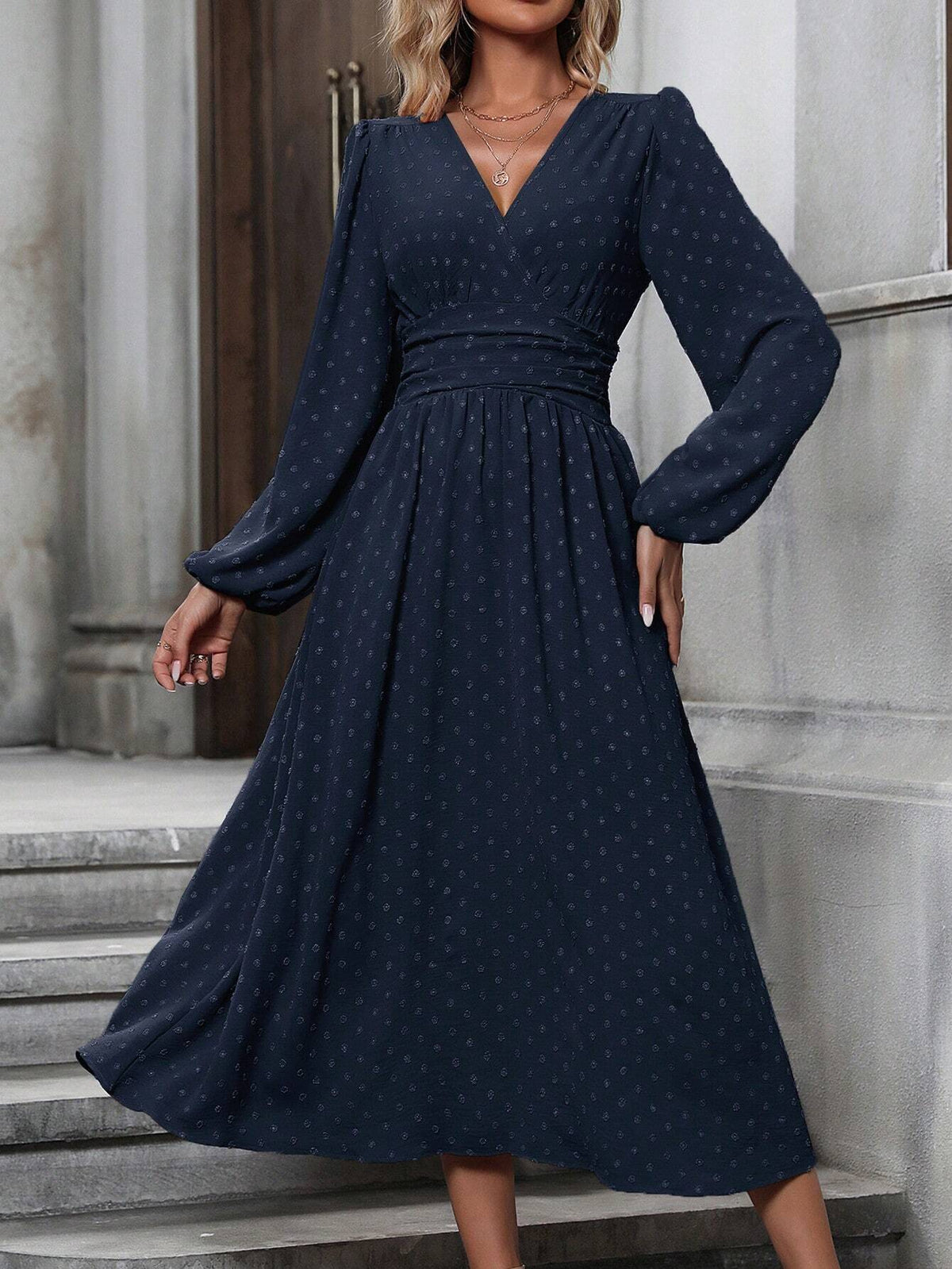 Floral Balloon Sleeve Spring/Fall Dress V Neck Long Sleeve A-Line Dress
