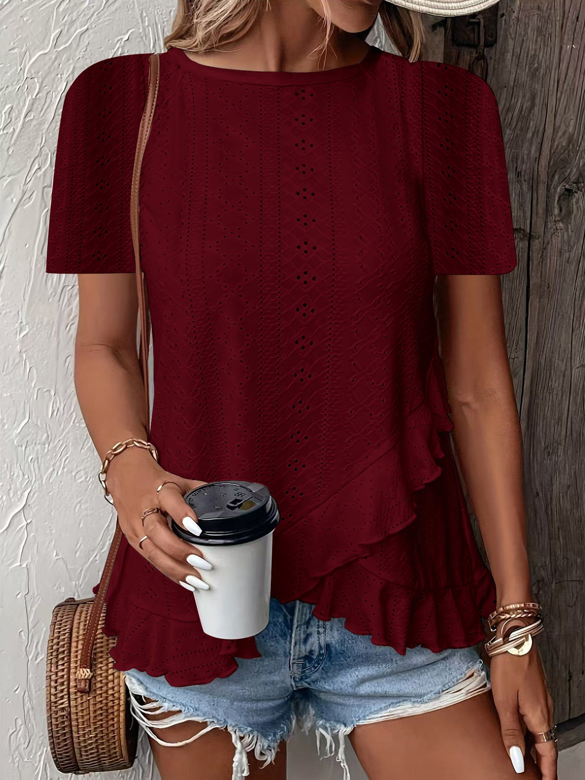 Asymmetrical Ruffle Hem Short Sleeve Round Neck T-Shirt