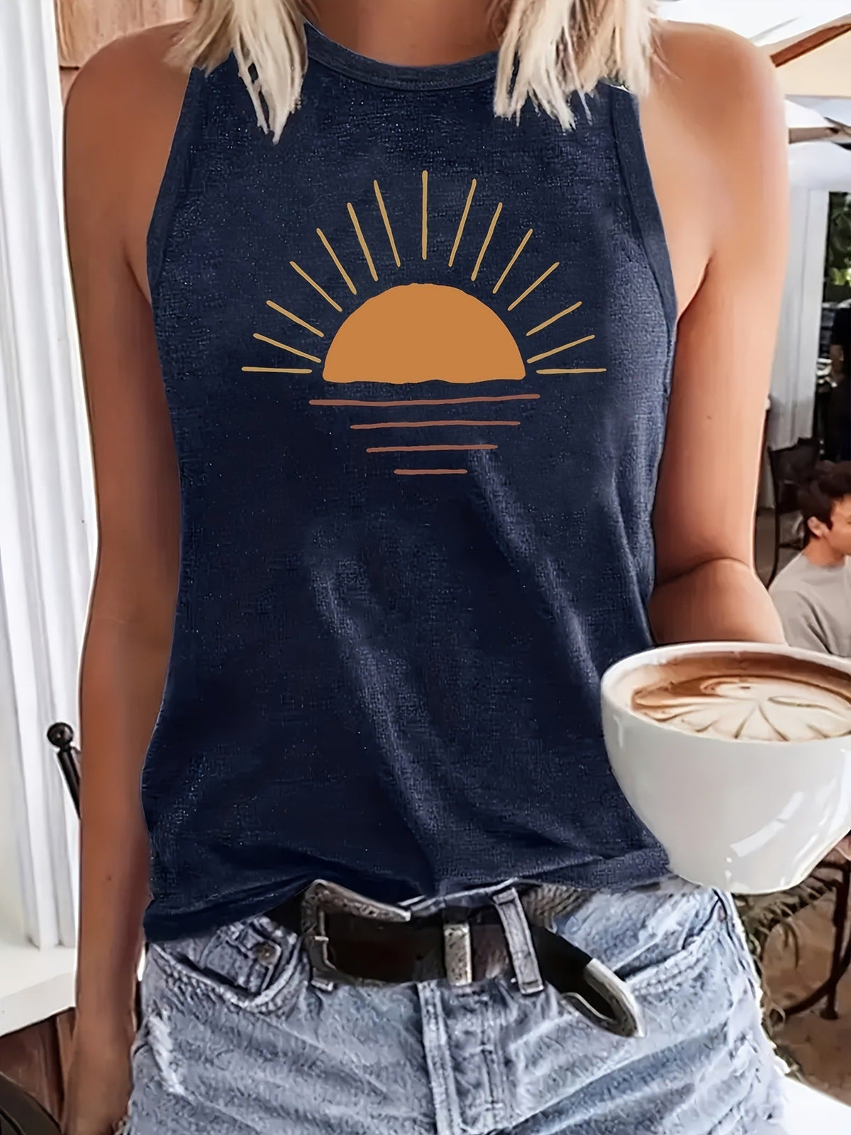Sunrise Easy Line Drawing Printed Casual Round Neck Tank Top