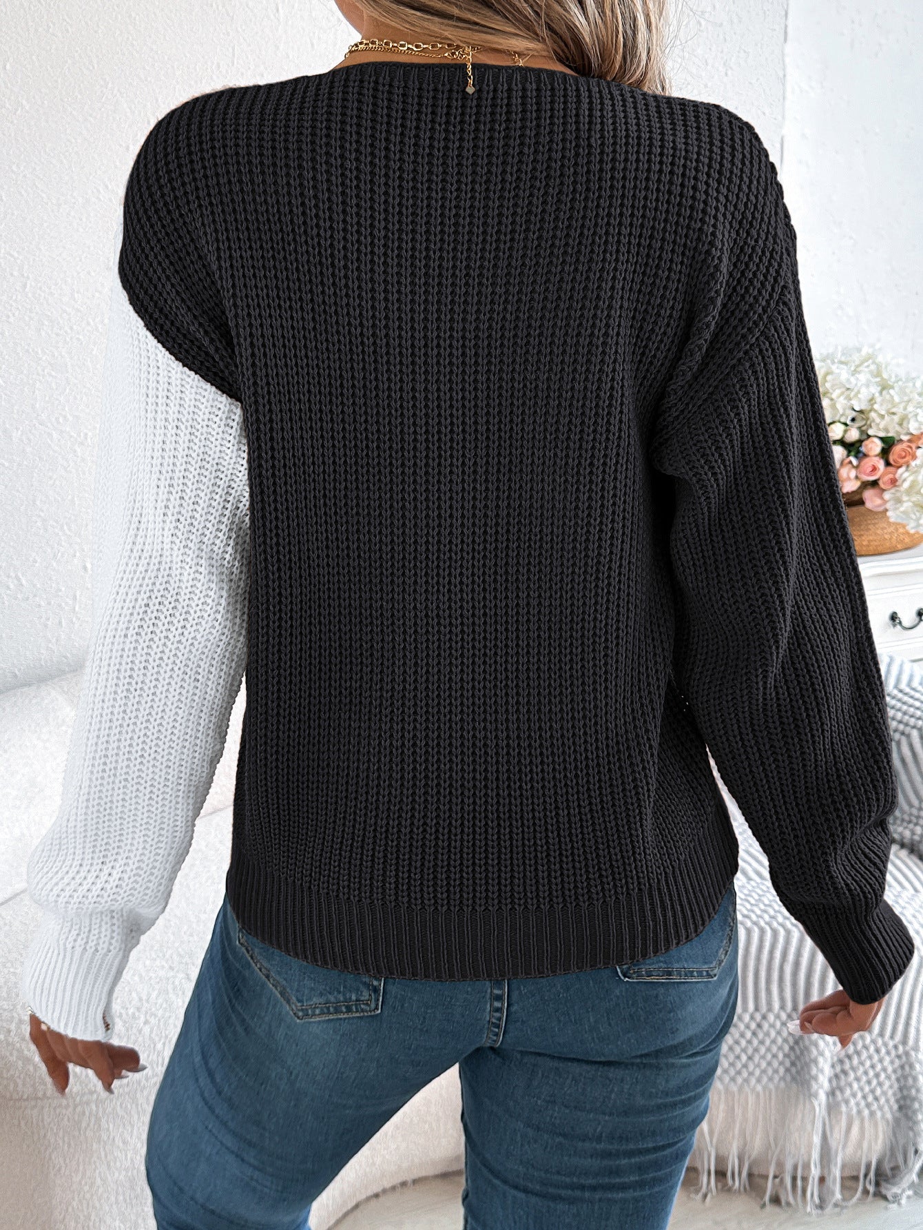 Women's Fall/Winter Color Block V-Neck Pullover Sweater with Fake Buttons