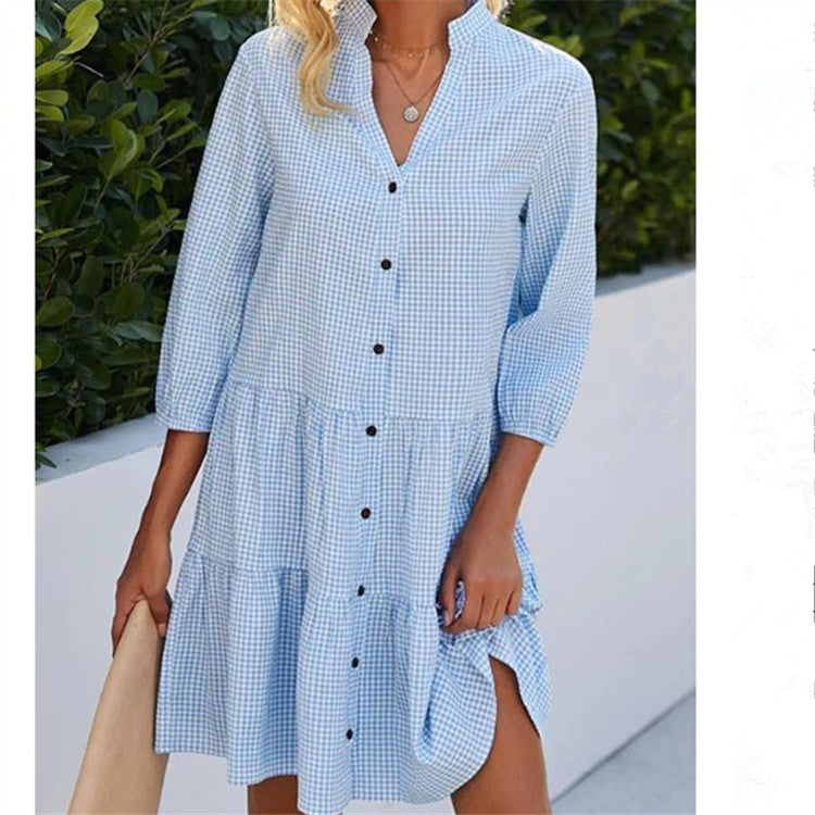 Plaid Buckle Stand Collar Casual Tunic Dress