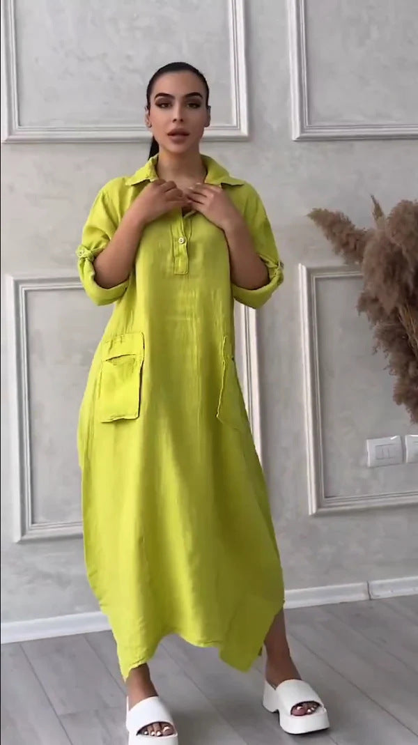 Solid Color Casual Shawl Collar Plain Loose Dress