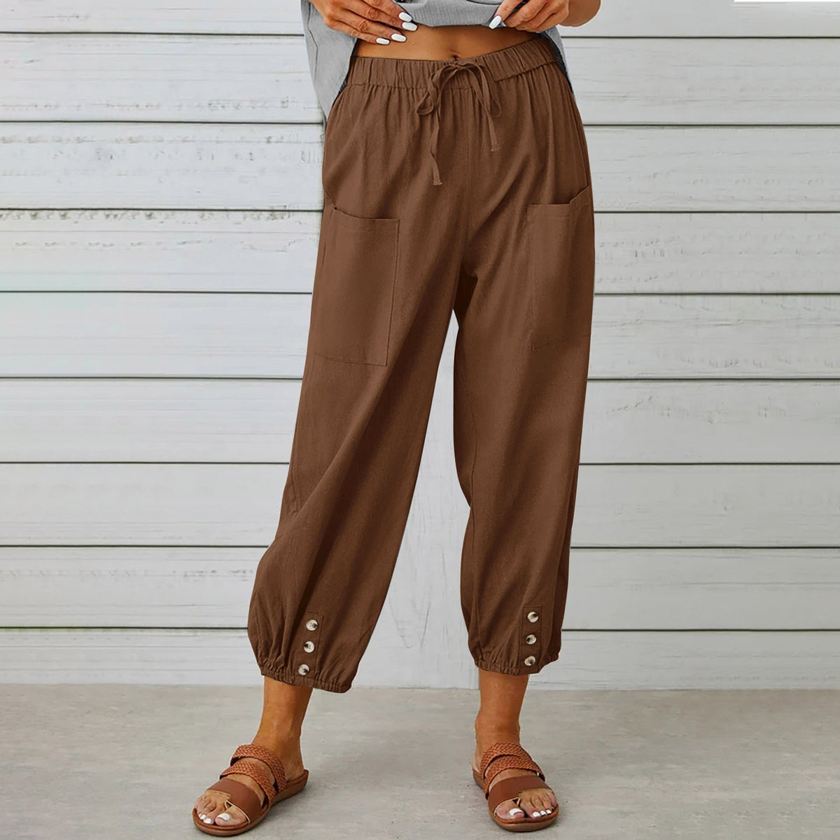 Cotton Linen Pockets Solid Loose Casual Long Trousers