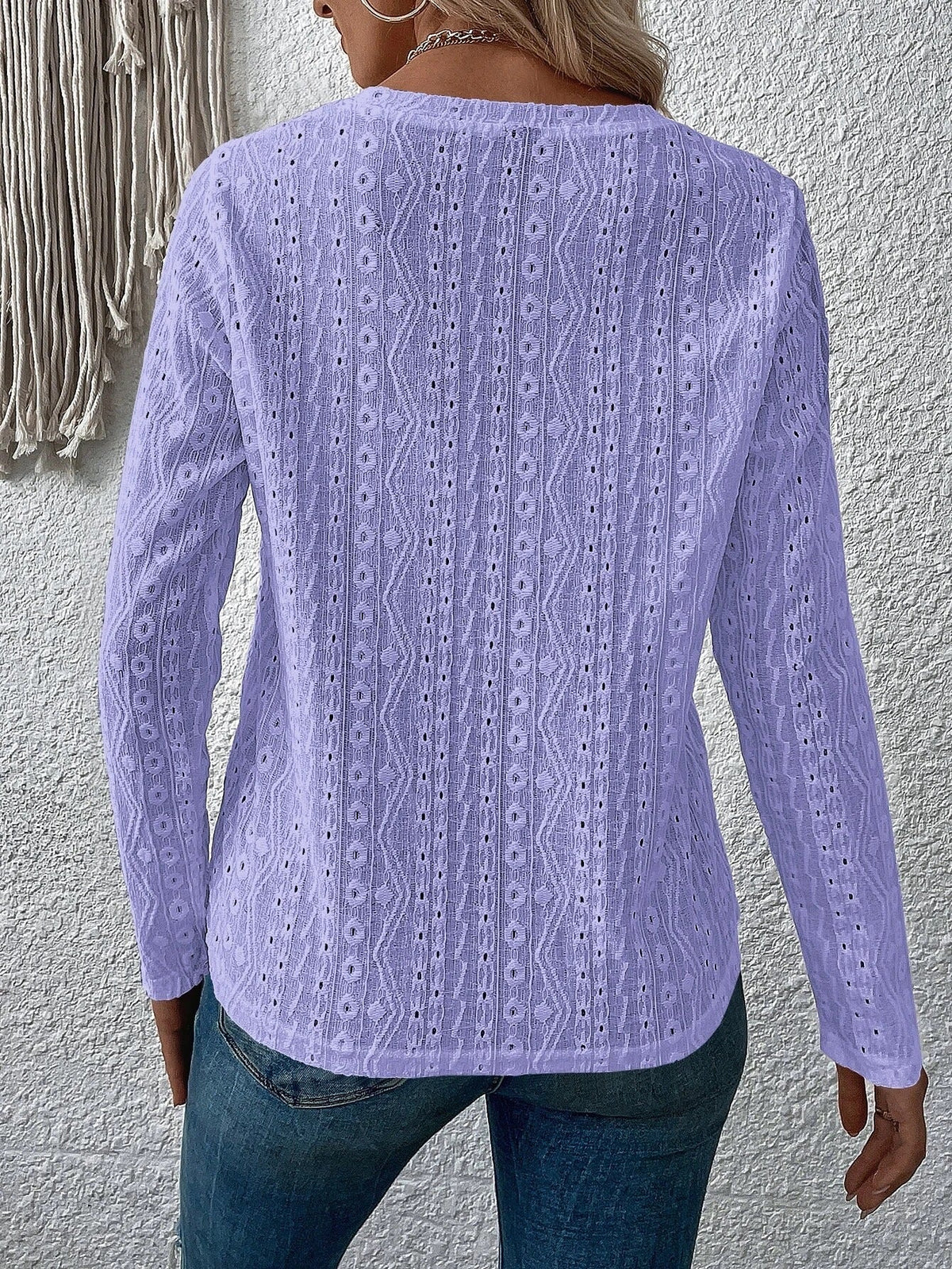 Eyelet Solid T-shirt, Casual Crew Neck Long Sleeve T-shirt