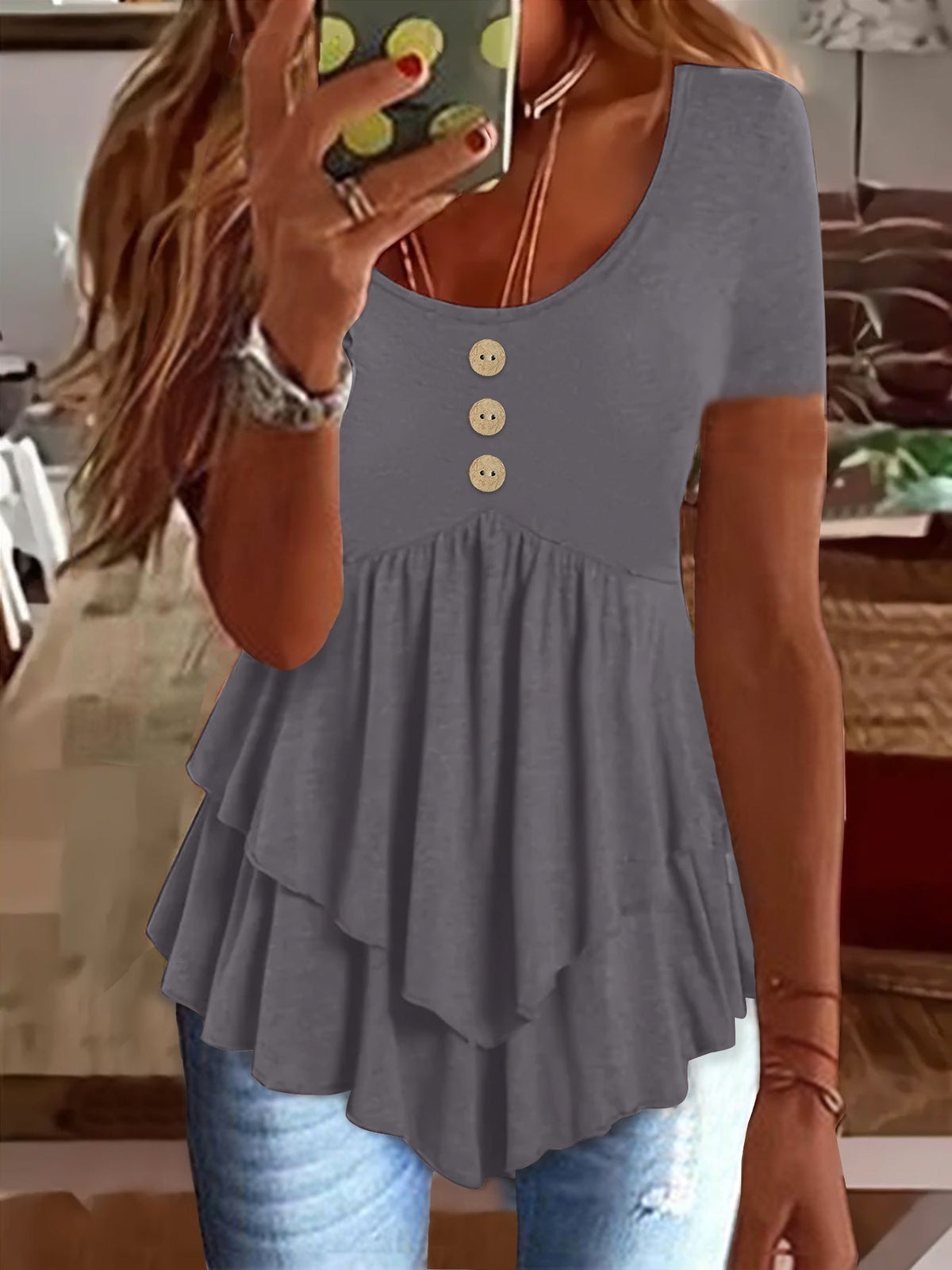 Solid Color Crew Neck T-Shirt, Casual Short Sleeve Button Front Flare Tiered Top