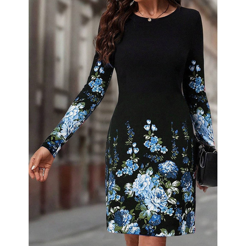 Long Sleeve Spring/Fall Floral Crew Neck Daily Going Out Casual H-Line Midi Dress