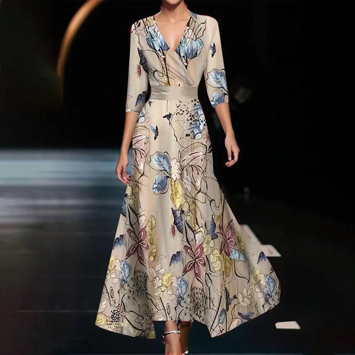 Casual Daily Regular Fit Floral 3/4 Length Sleeve V Neck Maxi Dress