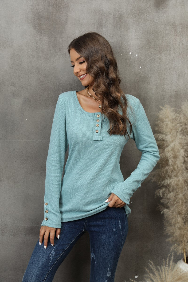 Casual Button Scoop Neck T-shirt, Loose Long Sleeve Slim Fit Fashion T-Shirts Tops