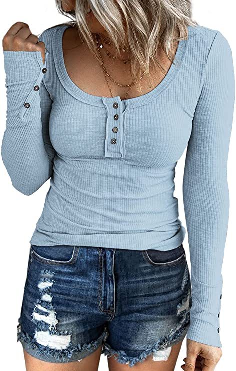 Casual Button Scoop Neck T-shirt, Loose Long Sleeve Slim Fit Fashion T-Shirts Tops
