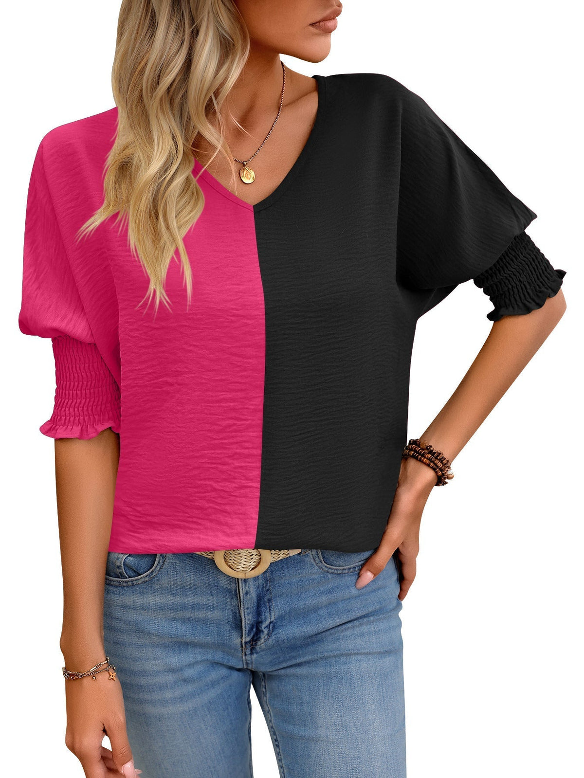Color Block V Neck T-Shirt, Casual Shirred Lantern Sleeve T-Shirt