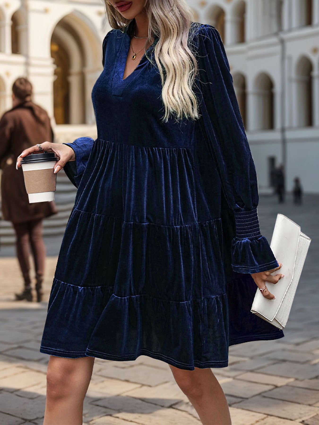 Women's Layered Hollow-Out Long Sleeve Dress, Elegant V-Neck, Solid Color, Adult Fashion Dress