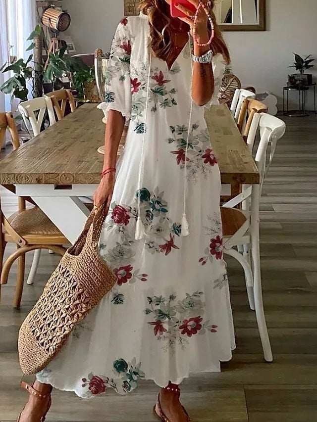 V Neck Half Sleeve Loose Floral Maxi Dress