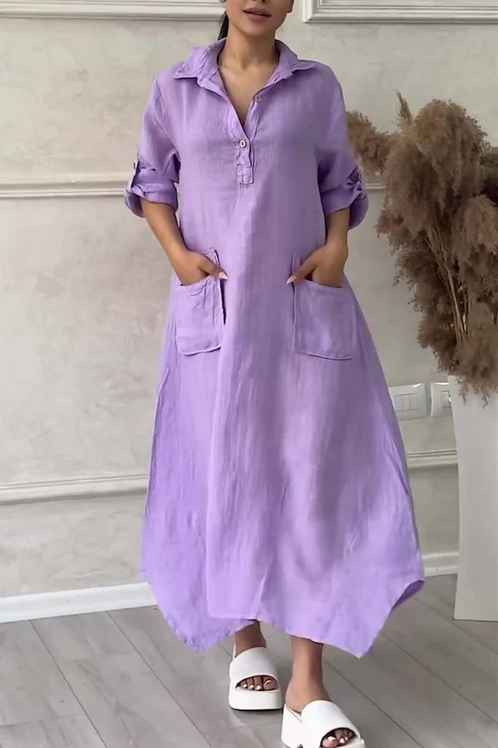 Solid Color Casual Shawl Collar Plain Loose Dress