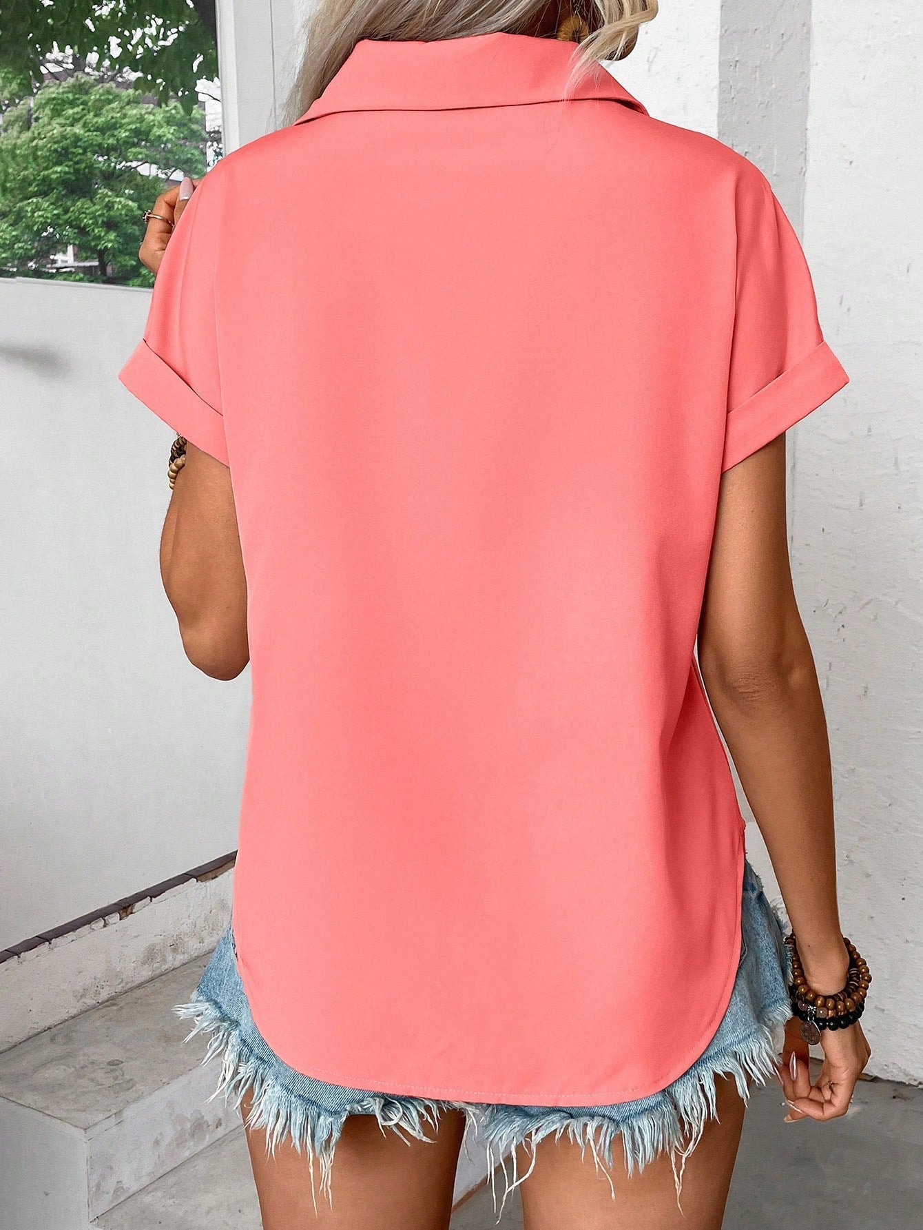 Elegant Solid Color Pleated Batwing Short Sleeve Casual Shirt