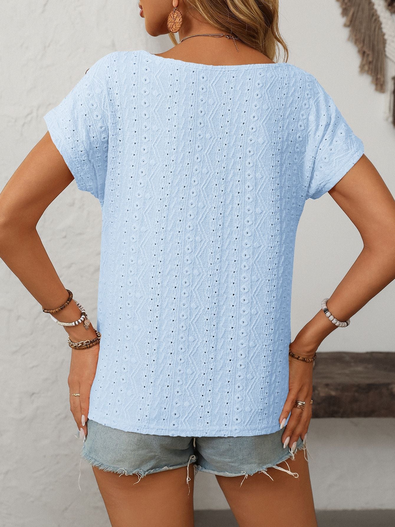 Solid Color Round Neck Shoulder Button Embroidery Hollow Short Sleeved T-shirt