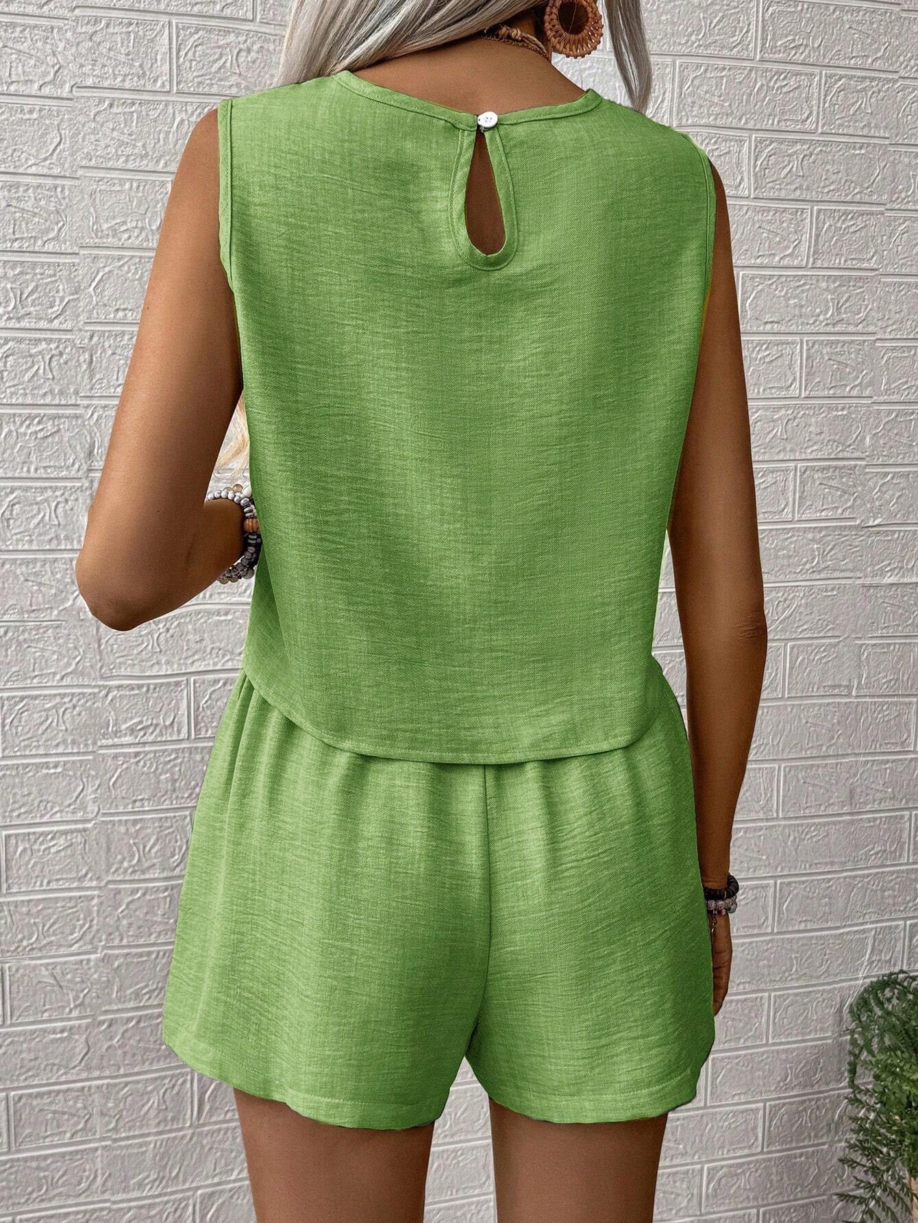 Casual Solid Color Shorts Set, Crew Neck Sleeveless Tank Top & High Waist Shorts Outfits