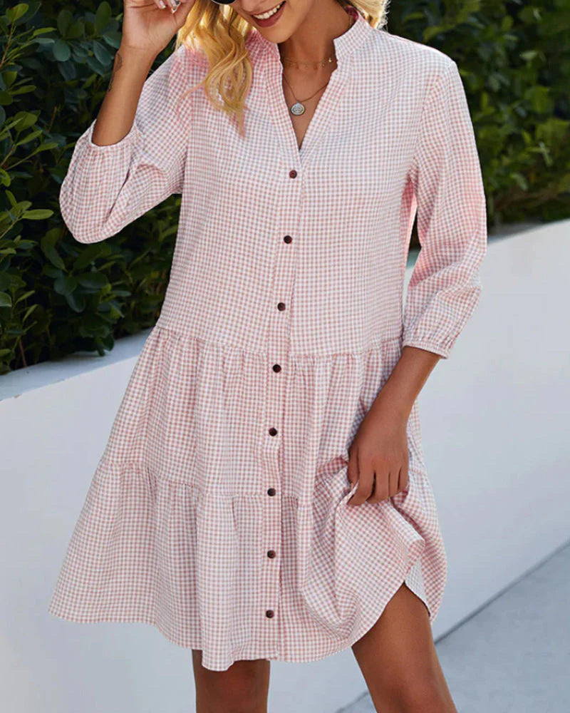 Plaid Buckle Stand Collar Casual Tunic Dress