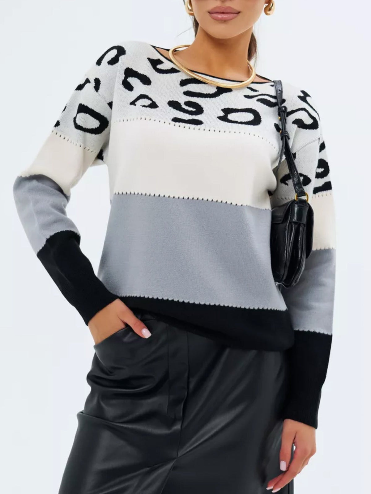 Chic Leopard Print Color Block Knit Sweater - Casual Crew Neck, Long Sleeve Pullover