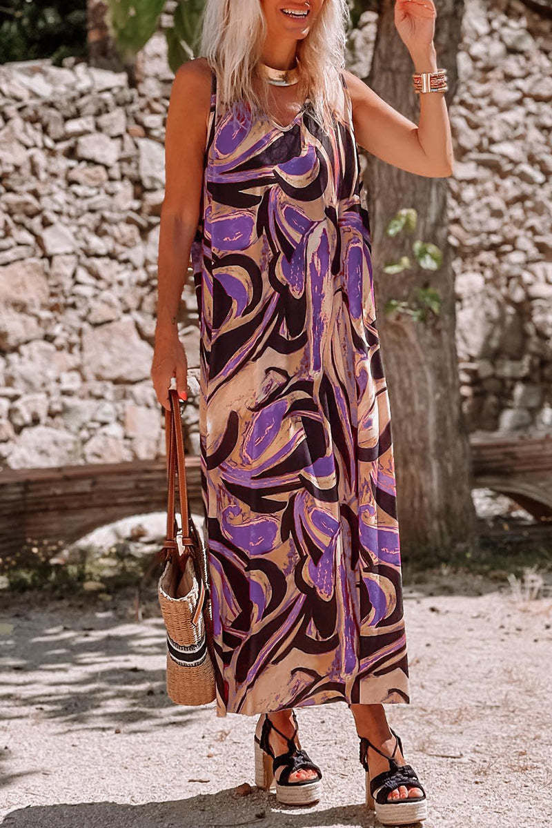 V Neck Print Straight Maxi Dresses