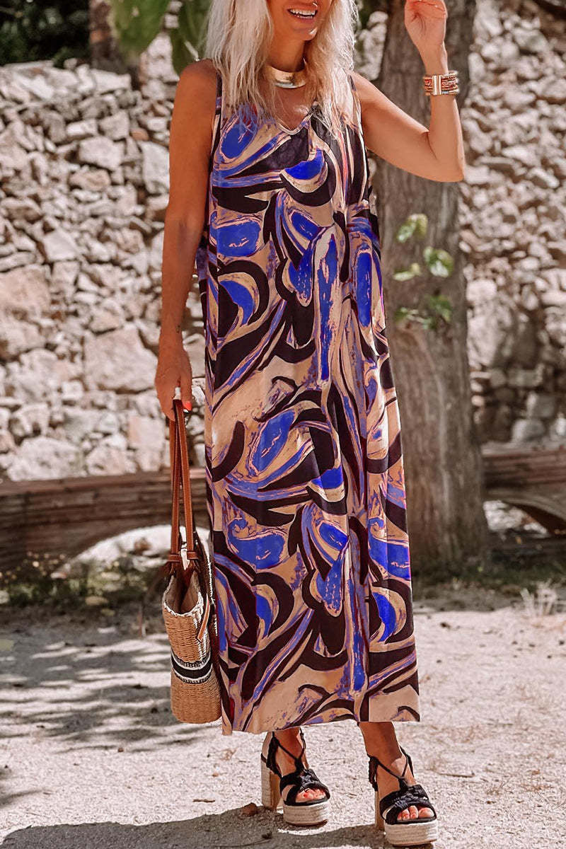 V Neck Print Straight Maxi Dresses