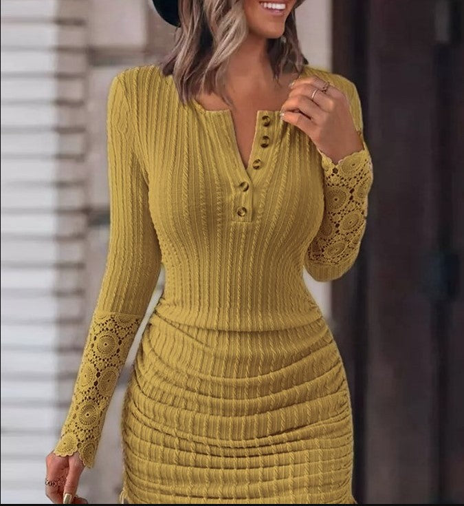 Contrast Lace Ruched Dress, Elegant Drawstring Button Front Dress
